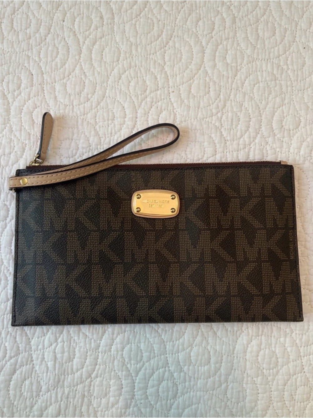 Michael Kors Brown and Tan MK Logo Wristlet Clutch with Gold Plaque